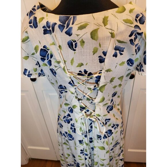 Vintage 90s Custom Made Corset White/Blue Watercolor Print Midi S Cottage Fairy - Picture 3 of 9